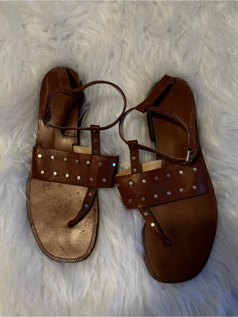 ZARA Brown Leather Studded T-Strap Sandals Gladiator Boho